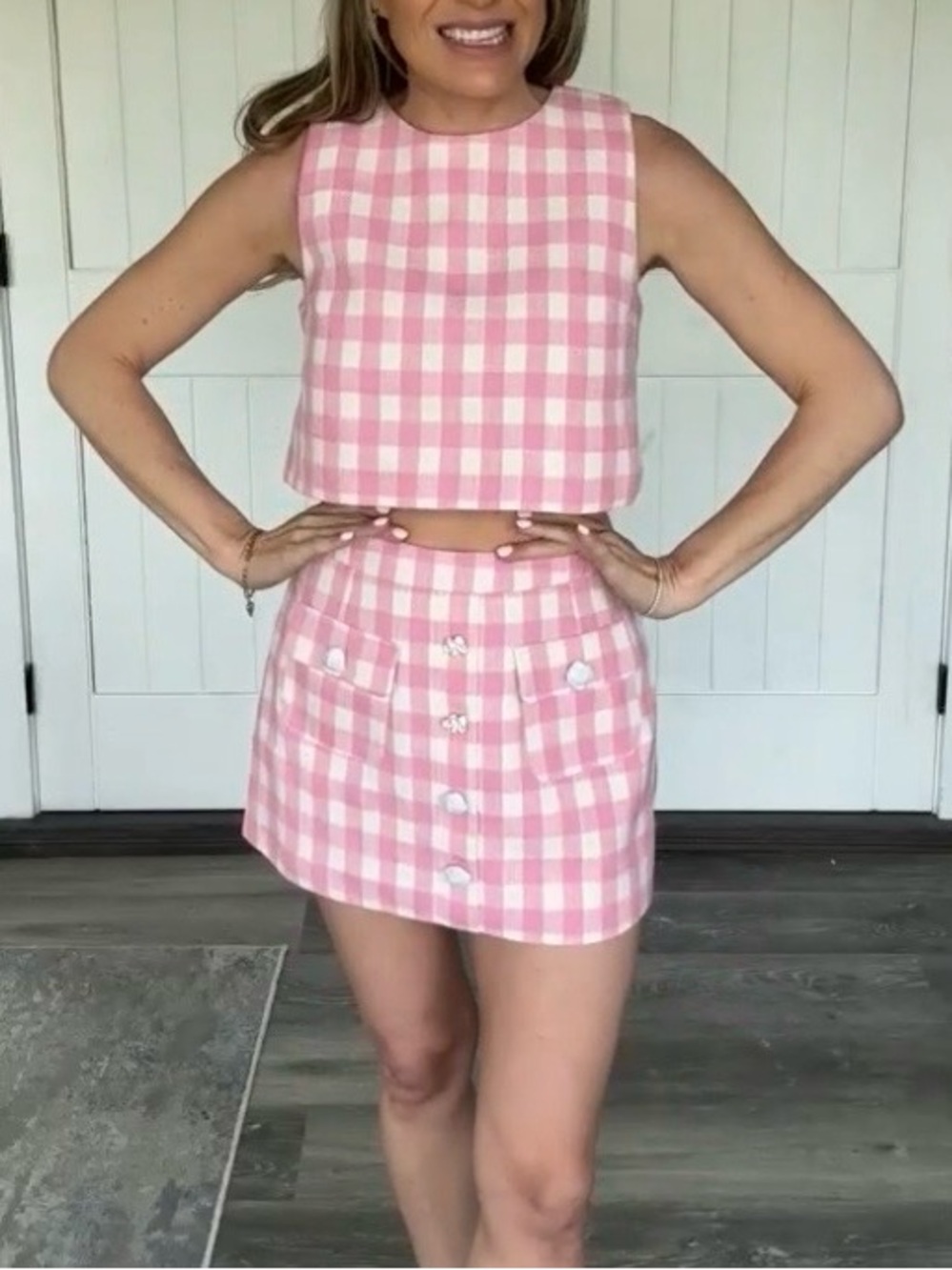 Pink Gingham Button-Front Mini Skirt Set Women